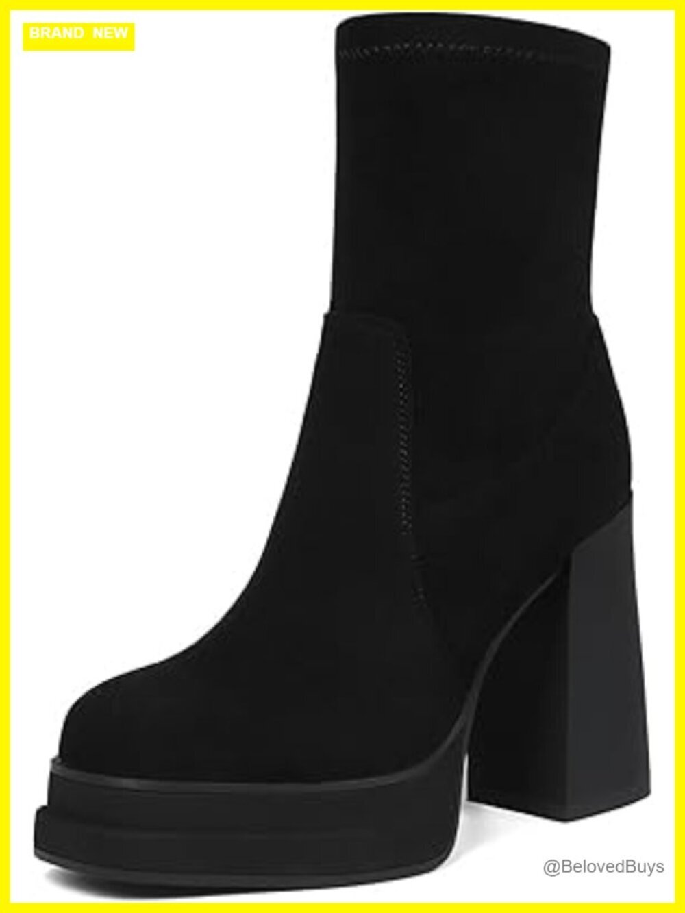 Platform Ankle Boots Chunky High Heel Square Toe Stretchy PU Combat Booties